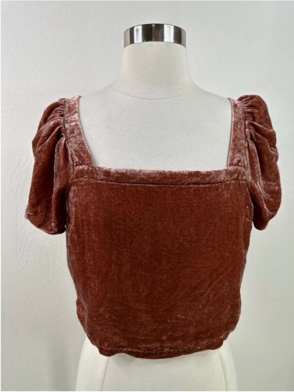 Madewell Velvet Puff Sleeve Square Neck smocked back Crop Top - Rust